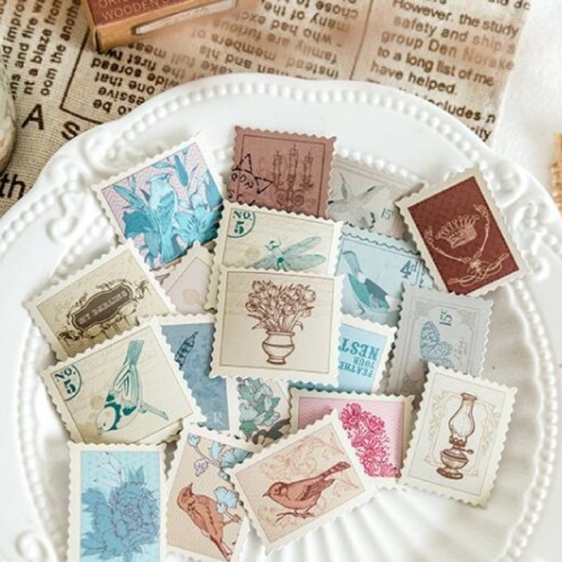 ヴィンテージ風ステッカー ヴィンテージ切手風フレークシール45枚