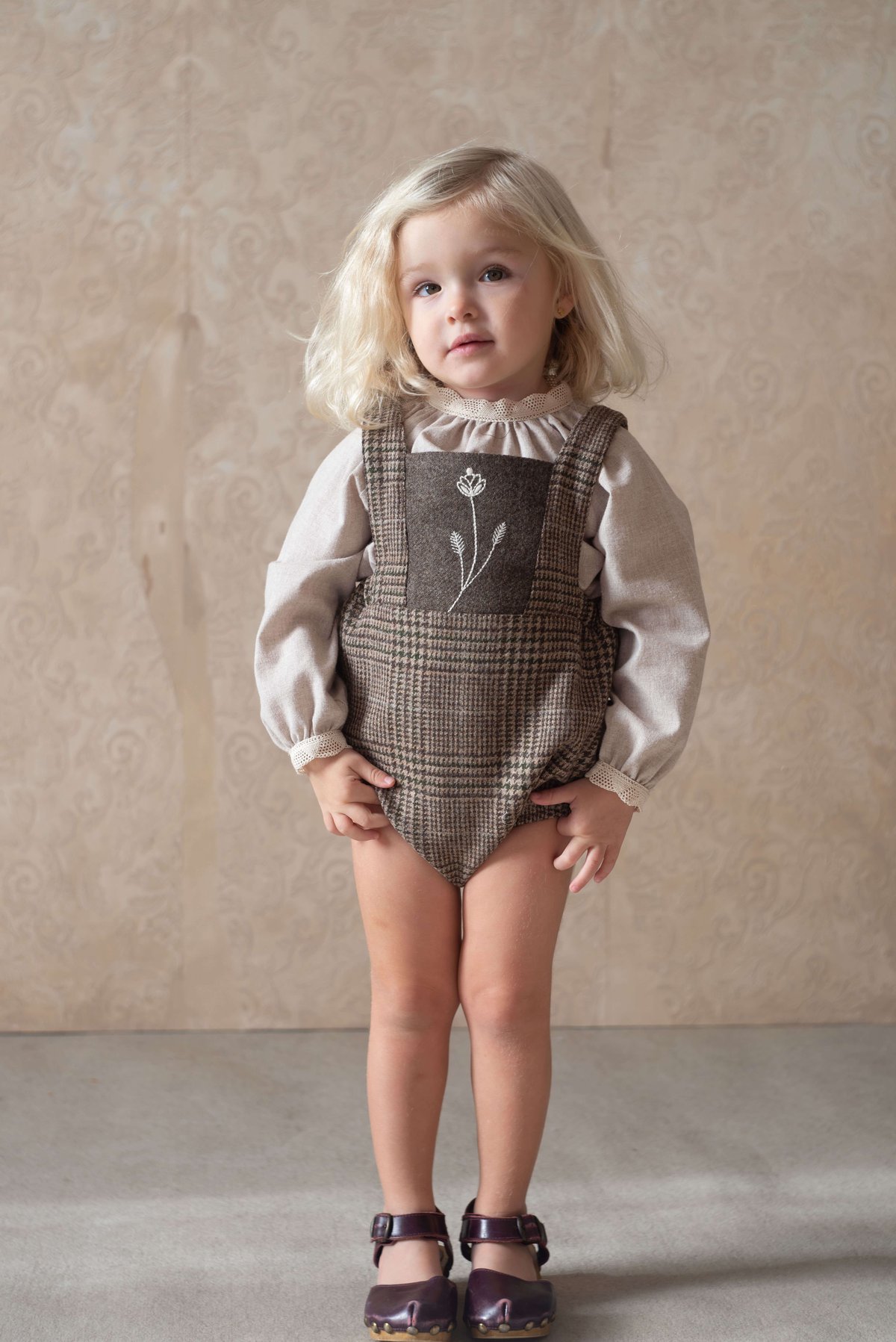 新品popelinポペリンwoollen romper 2-3y Popelin / Brown plaid woollen romper suit with