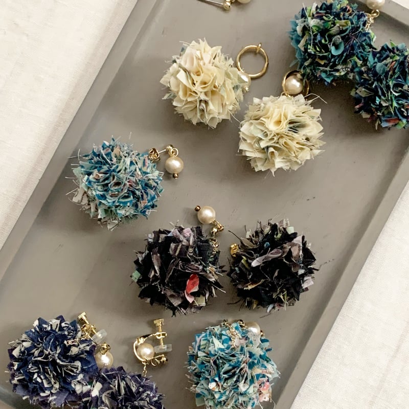 エコたま×コットンパール アイボリーグリーン ピアス/イヤリング  