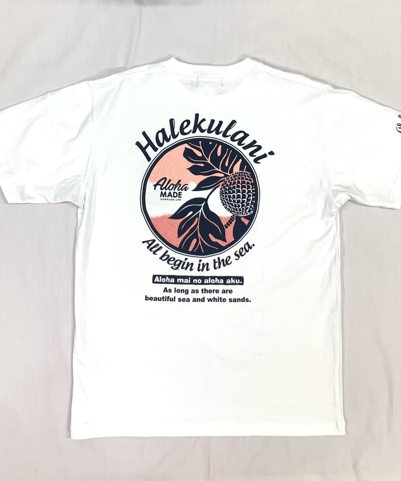 ハワイアン柄Tシャツ ホワイト/パンの実 (メンズサイズ)バックプリント