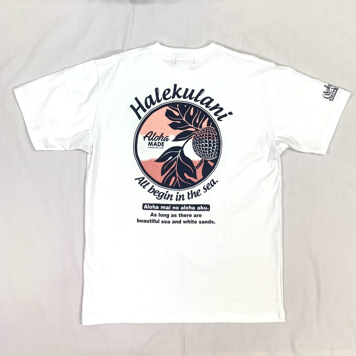 ハワイアン柄Tシャツ ホワイト/パンの実 (メンズサイズ)バックプリント