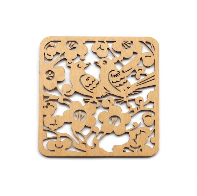 リトアニア製 木製コースター スクエア 《梅と鳥 A》H-13 | Nord DECO