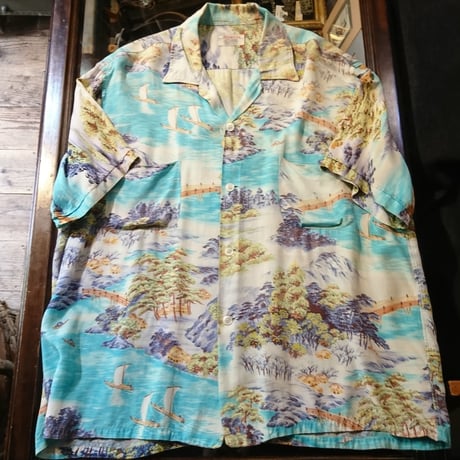 50s Hawaiian Shirt 50年代 ヴィンテージハワイアンシャツ M 50s POLYNESIAN Sprtswear ALLOVER PATTERN RAYON HAWAIIAN