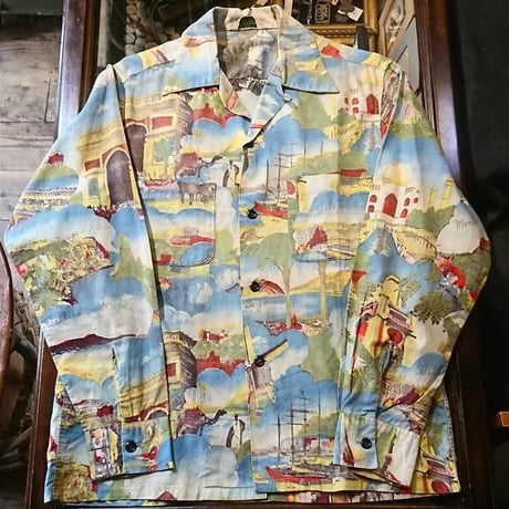 50s vintage picture print hawaiian shirt ヴィンテージ ピクチャー ハワイアン シャツ