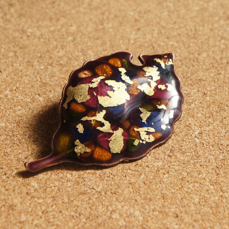 日本製 七宝焼 ゴールドダストシリーズ 木葉 金箔 ブローチ 七宝焼き