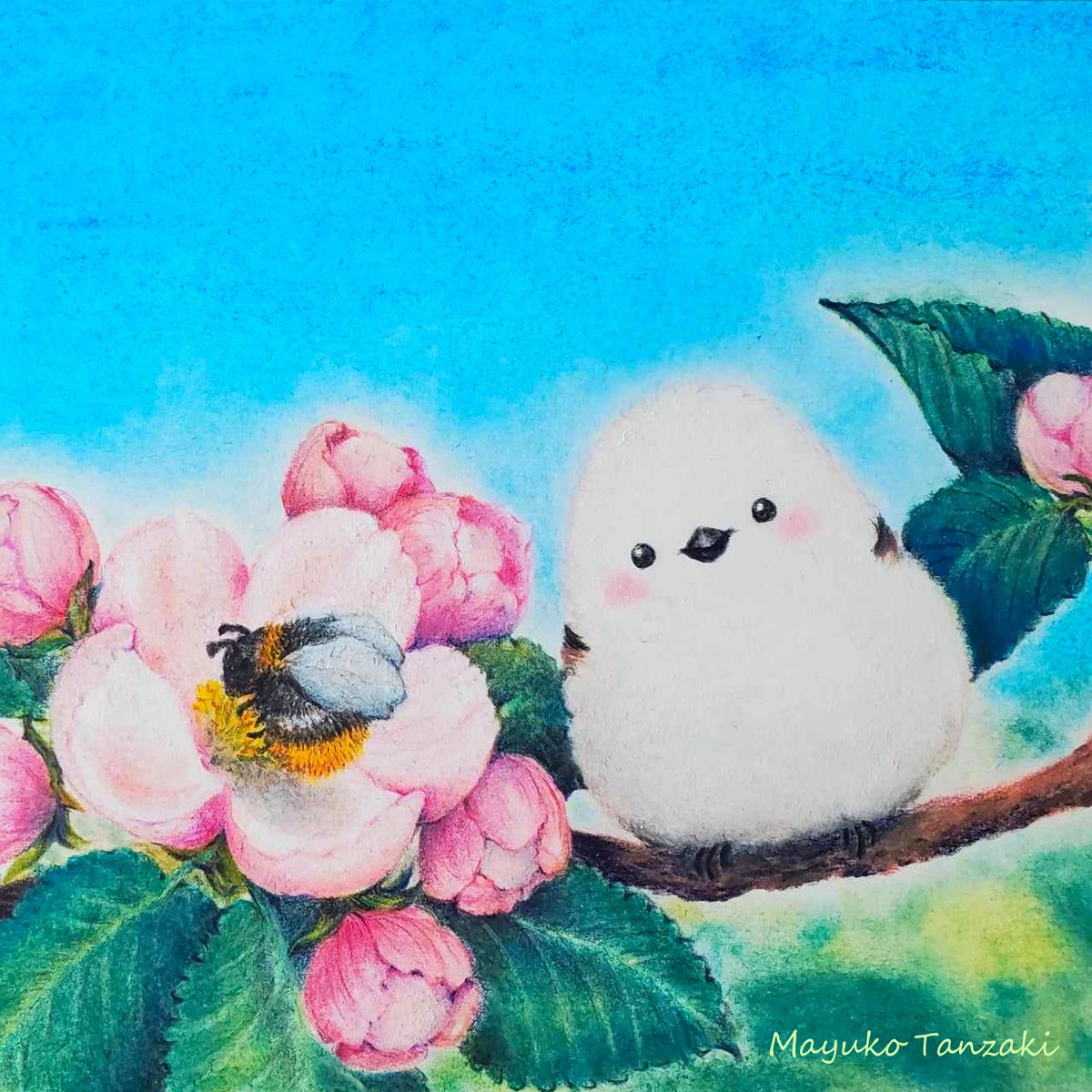 幸せを運ぶシマエナガアート“りんごの花の咲く場所で”サイズS