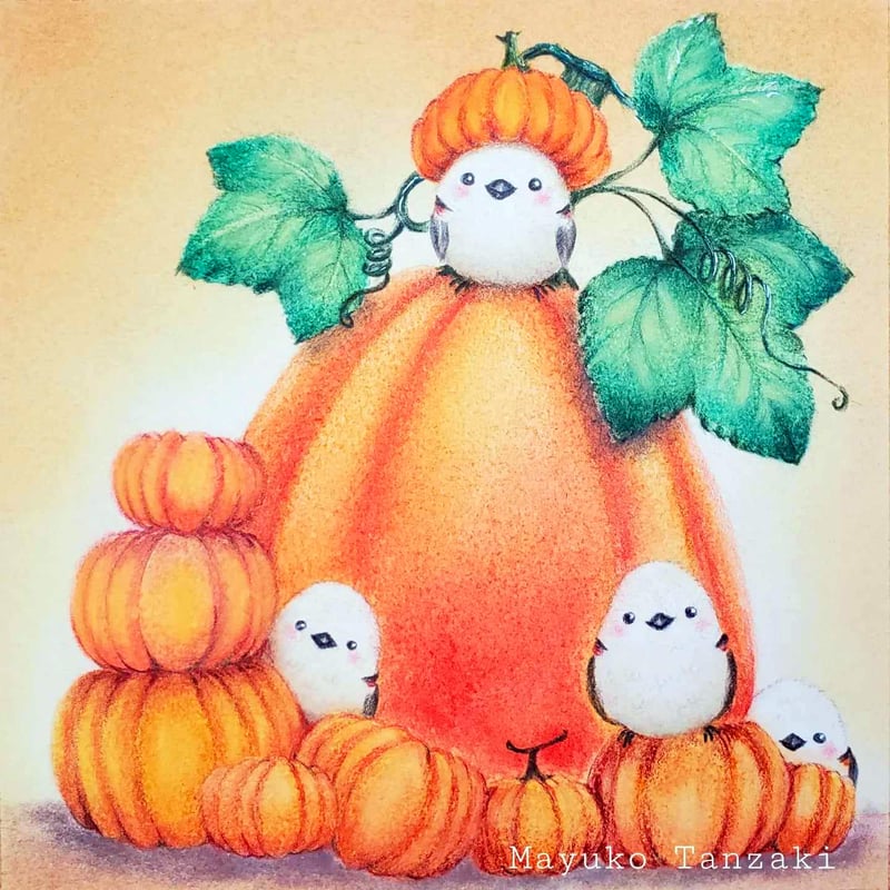 幸せを運ぶシマエナガ・秋シリーズ「かぼちゃ」 | MayukoTanzaki Art Shop
