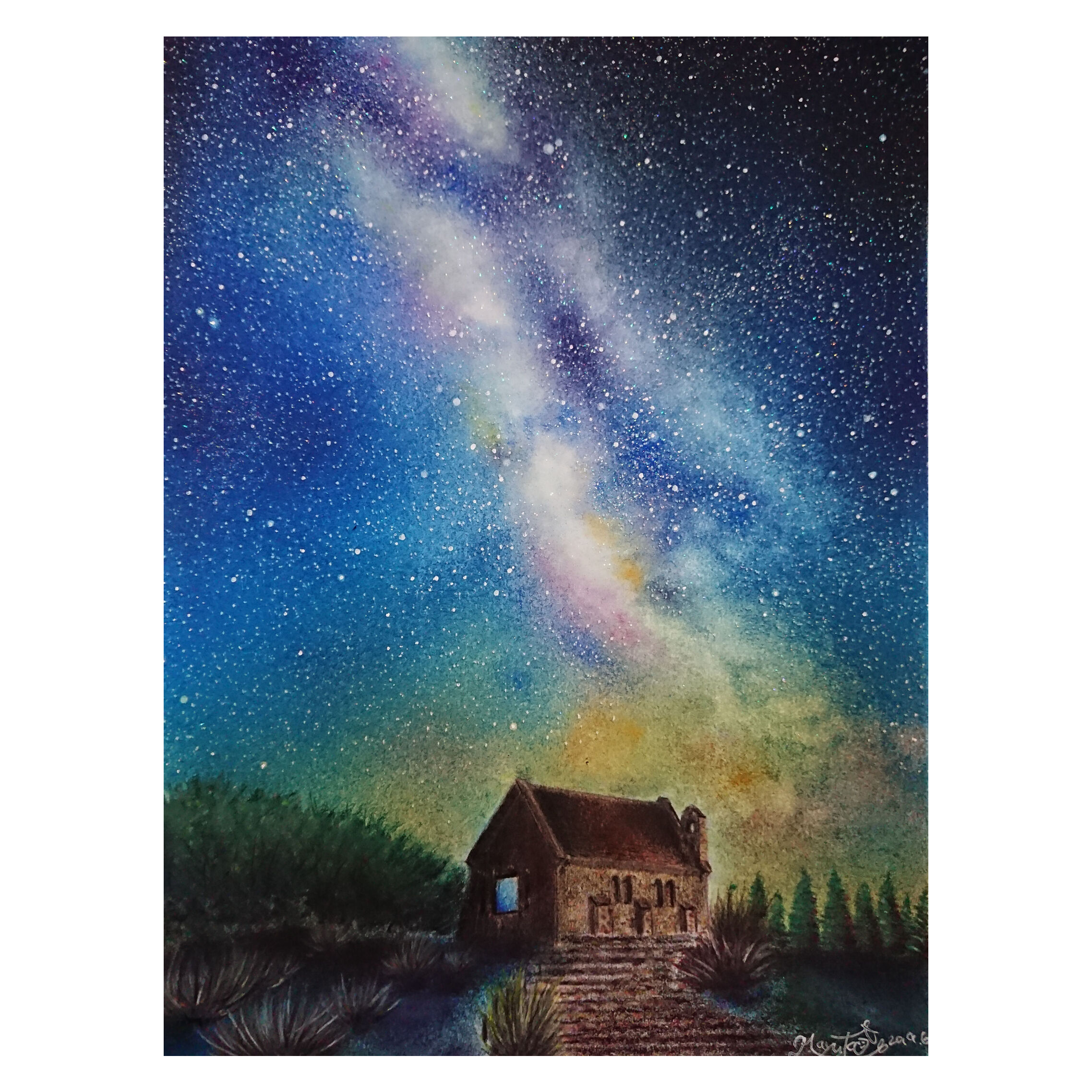 【原画：ハガキサイズ】　天の川と銀河鉄道　オイルパステル画 original