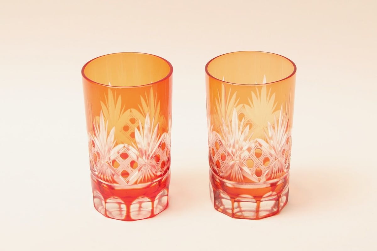 昭和レトロ/切子/グラス/薩摩切子/ブラウンオレンジ/コップ/美術