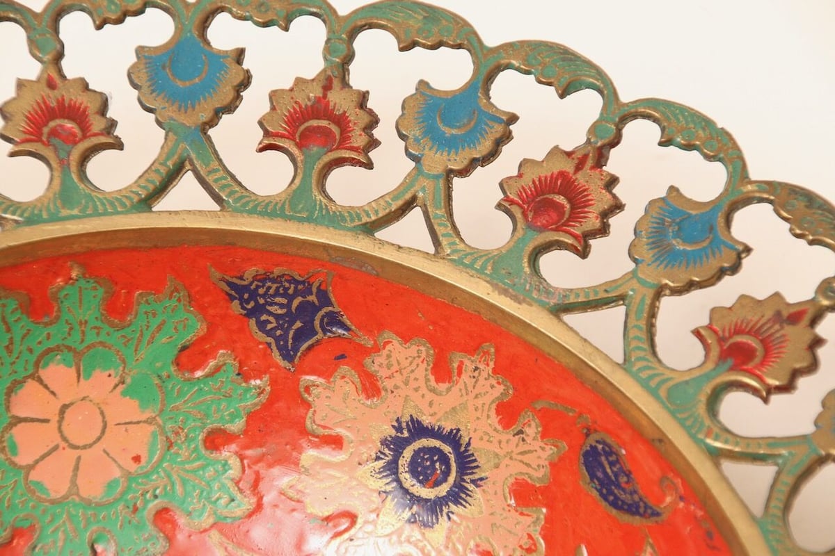 アンティーク 真鍮銀メッキ レッドエナメル インド 飾り皿 アジア風