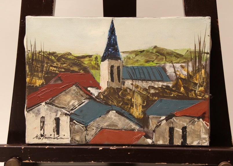 真作】昭和レトロ/片西穀実/教会/1979年/油絵/絵画/ヴィンテージ