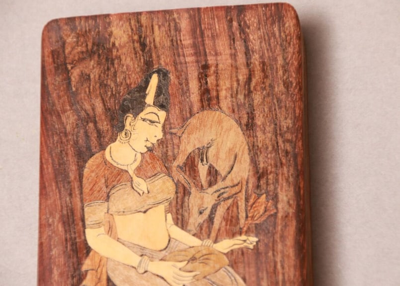 レトロ/木象嵌/神/鹿/木工/寄木/木画/種板/ヴィンテージ/インド/寄木