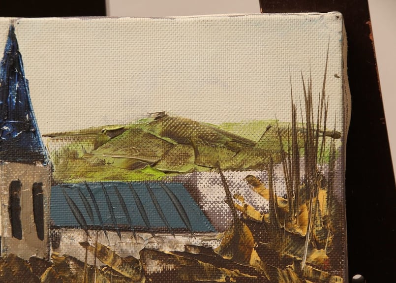 真作】昭和レトロ/片西穀実/教会/1979年/油絵/絵画/ヴィンテージ