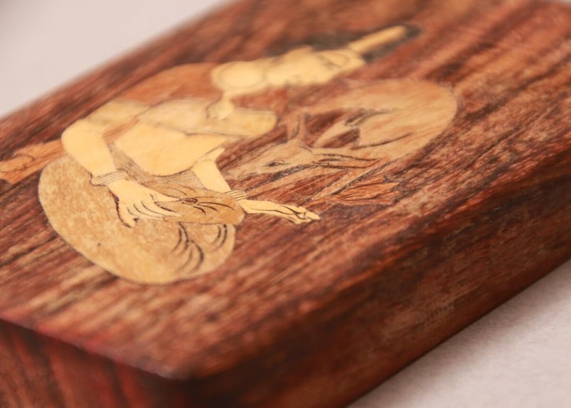 レトロ/木象嵌/神/鹿/木工/寄木/木画/種板/ヴィンテージ/インド/寄木