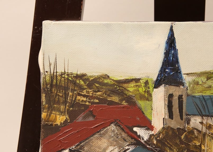 真作】昭和レトロ/片西穀実/教会/1979年/油絵/絵画/ヴィンテージ