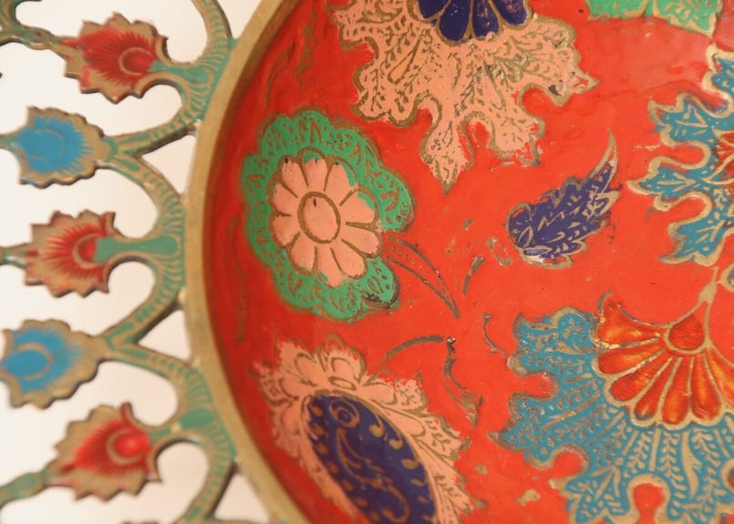 アンティーク 真鍮銀メッキ レッドエナメル インド 飾り皿 アジア風