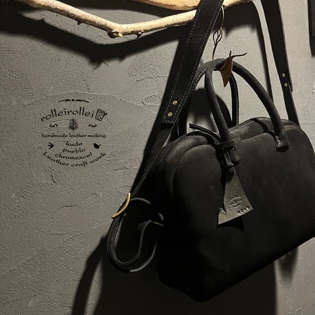 間口が広いバッグ 秋冬バッグ スエード黒 kudu革 Handbag or Shoulderbag 2Way (black/kudu) Lot#299