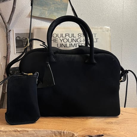 間口が広いバッグ 秋冬バッグ スエード黒 kudu革 Handbag or Shoulderbag 2Way (black/kudu) Lot#299
