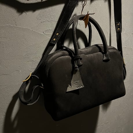 間口が広いバッグ 秋冬バッグ スエード黒 kudu革 Handbag or Shoulderbag 2Way (black/kudu) Lot#299