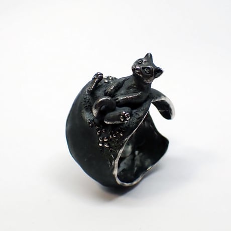 お花畑で寝転ぶネコリング（black）