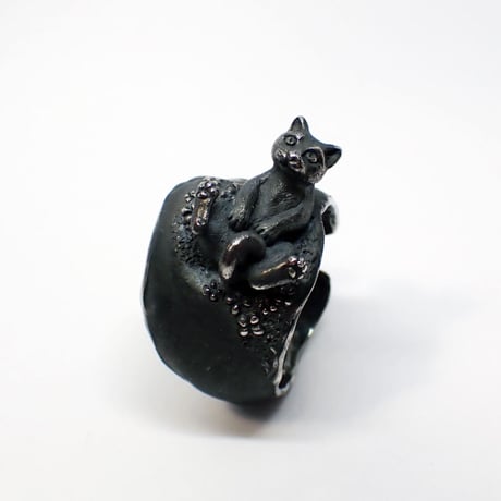 お花畑で寝転ぶネコリング（black）