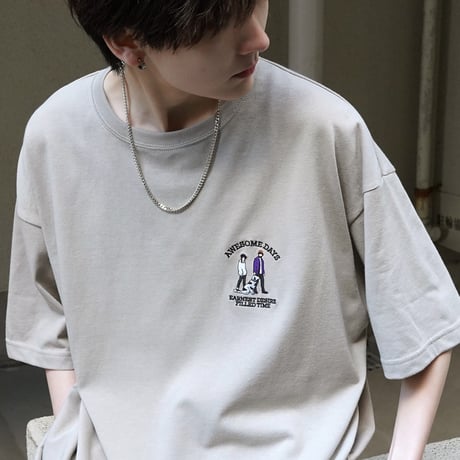 デイリーウォーキングC ワンポイント刺繍ロゴ ビッグシルエット半袖Tシャツ /ベージュ