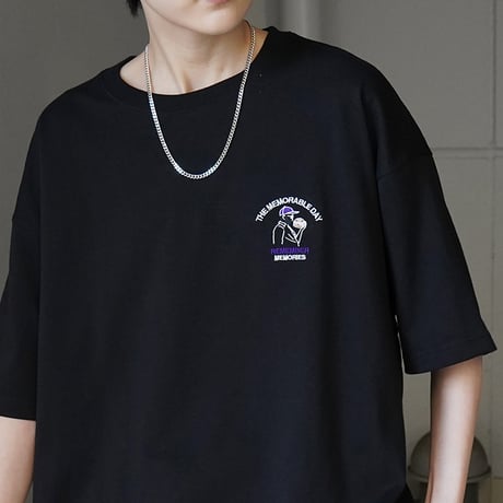 ヒゲオジサンC ワンポイント刺繍ロゴ ビッグシルエット半袖Tシャツ /ブラック