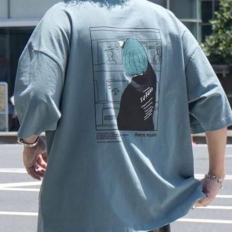レコードガール イラストバックプリント ビッグシルエット半袖Tシャツ /ミント