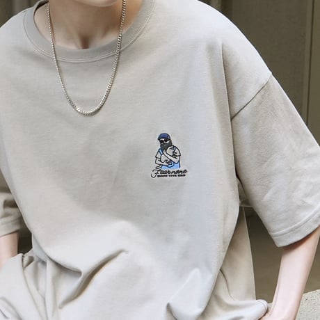 ヒゲオジサンB ワンポイント刺繍ロゴ ビッグシルエット半袖Tシャツ /ベージュ