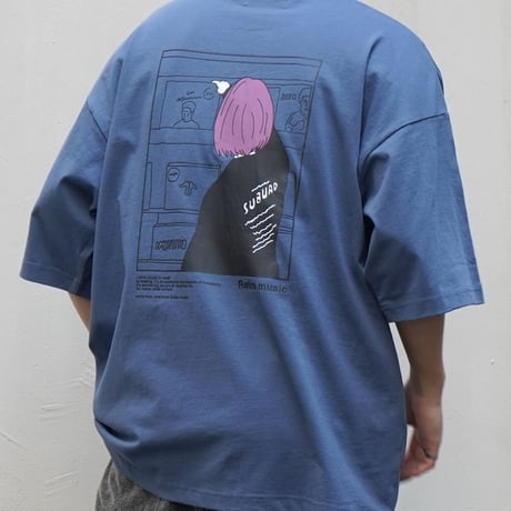レコードガール イラストバックプリント ビッグシルエット半袖Tシャツ /ブルー