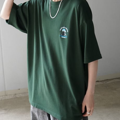 ヒゲオジサンA ワンポイント刺繍ロゴ ビッグシルエット半袖Tシャツ /グリーン