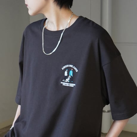 デイリーウォーキングC ワンポイント刺繍ロゴ ビッグシルエット半袖Tシャツ /チャコール