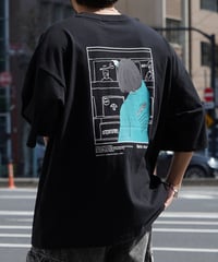 レコードガール イラストバックプリント ビッグシルエット半袖Tシャツ /ブラック
