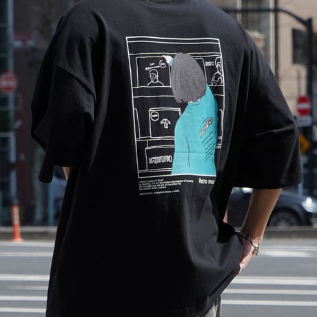 レコードガール イラストバックプリント ビッグシルエット半袖Tシャツ /ブラック