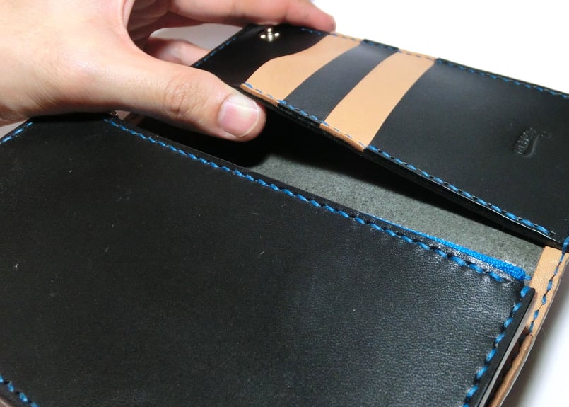 ロングウォレット（黒×肌色×青ステッチ） | STETCH HANDMADE STORE