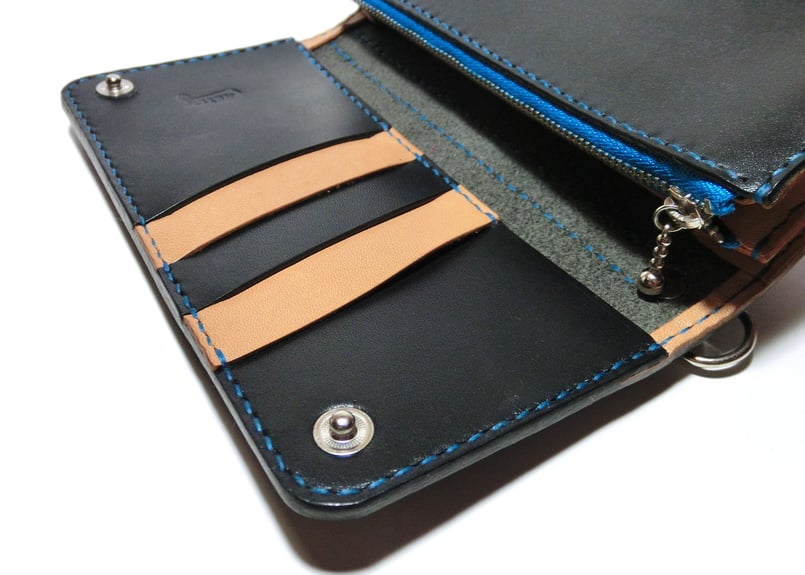 ロングウォレット（黒×肌色×青ステッチ） | STETCH HANDMADE STORE