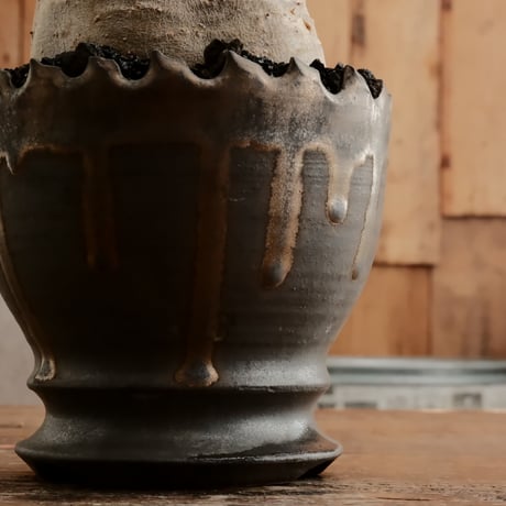 グラキリス φ9cm - 象牙宮 - ［No.74］  ×   根本峻吾 作 S.N POT type.round「 黒焔 - kokuen - 」4号 植木鉢 笠間焼
