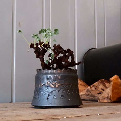ペラルゴニウム ミラビレ［No.02］  ×   根本峻吾 作 S.N POT type.cylinder「 刻印  -kokuin- 」 4号 植木鉢