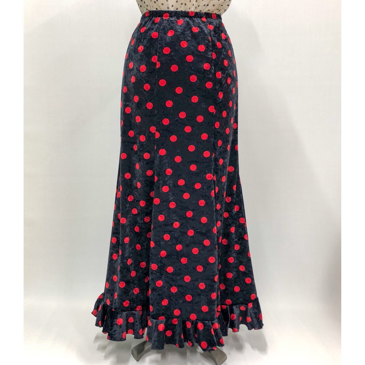 フラメンコスカート　水玉ベロア変わりスカート　ベロアスカートのみ販売 ニットスカートNSK-016 水玉ベロア 紺×赤 Lサイズ | アトリエプリマ