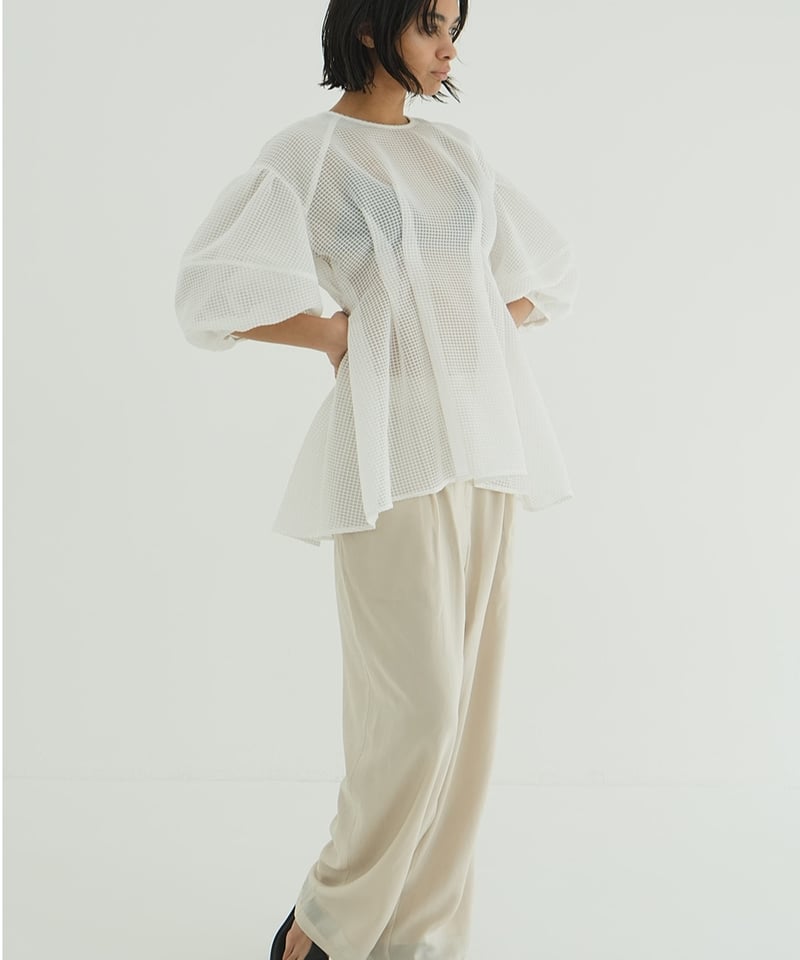CLANE - SHEER PLAID VOLUME SLEEVE TOPS【18122-41