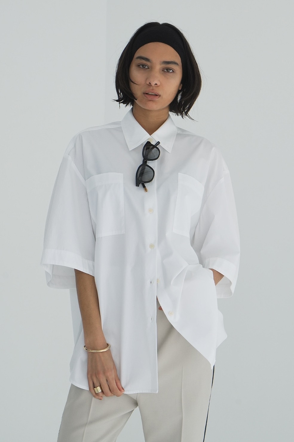 クラネ 美品 HALF SLEEVE HUGE SHIRTS コットン トップス レディース ブルー×ホワイト 1 18122ー4202 25SS 1 CLANE - HALF SLEEVE HUGE SHIRTS【18122-4202】 | T