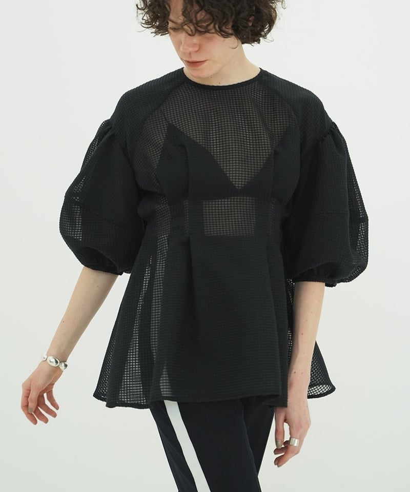 CLANE - SHEER PLAID VOLUME SLEEVE TOPS【18122-41