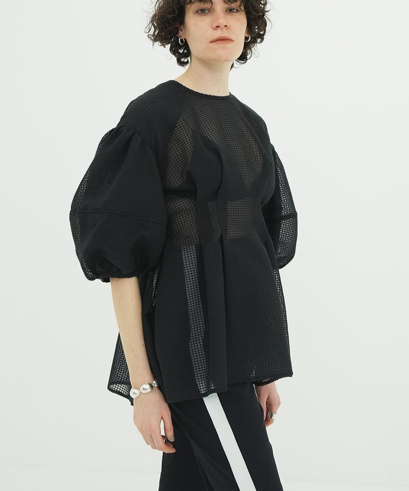 CLANE - SHEER PLAID VOLUME SLEEVE TOPS【18122-41