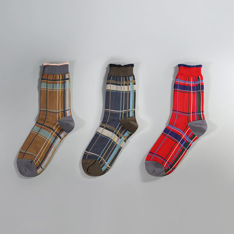 【KURI BOTELLA 】Tartan socks  / グレー、ブラウン、レッド