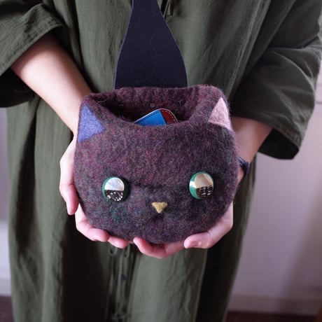 Hand Made Felt NICO グリーンブラウンねこポーチ