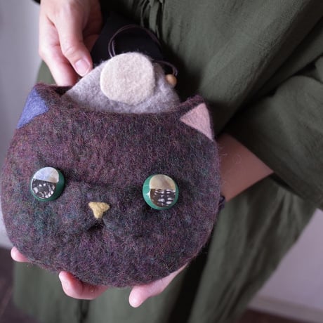 Hand Made Felt NICO グリーンブラウンねこポーチ