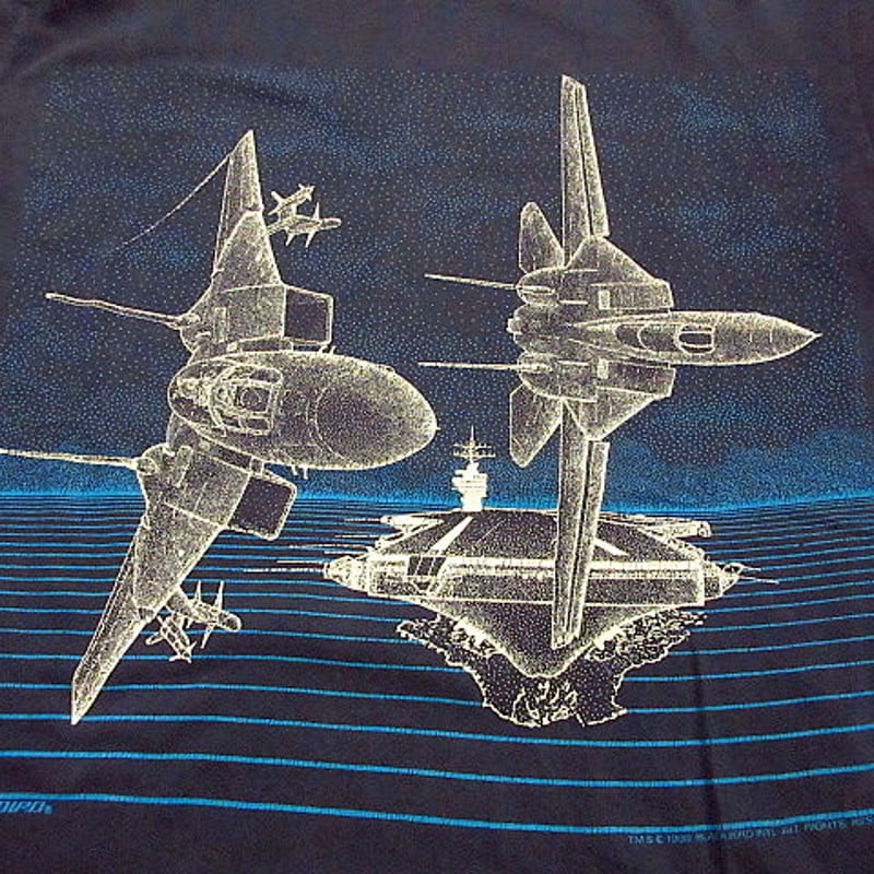ビンテージ80's○F-14 TOMCAT 戦闘機プリントTシャツ紺 Size L○20070