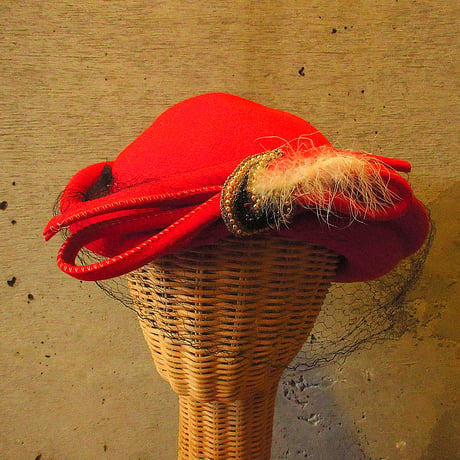 ビンテージ40’s50’s●MERRIMAC HAT CORPヴェール付きフェルトヘッドドレス赤size 23●231215k9-w-hdレディース帽子ハット
