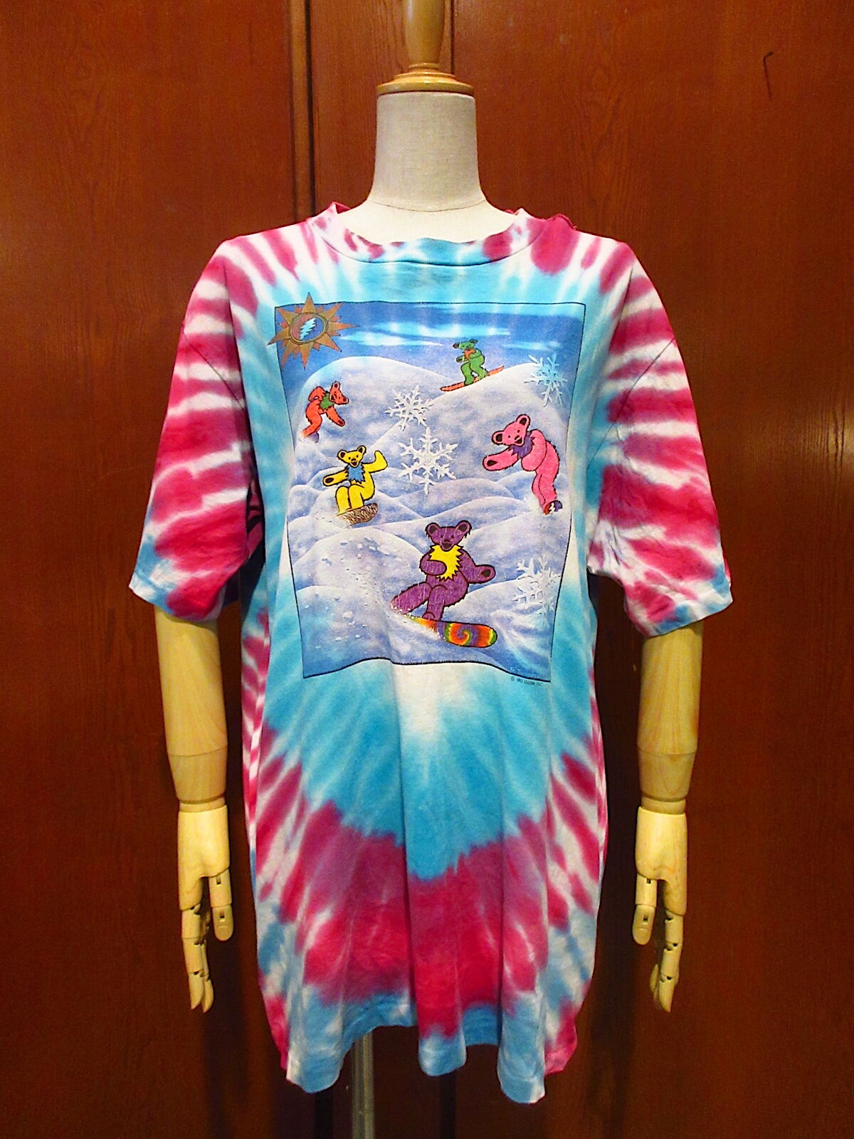 ビンテージ90's●GRATEFUL DEADダンシングベアスノーボードプリントコットンタイダイTシャツL●220420i1-m-tsh-bn  1990sグレイトフルデッド