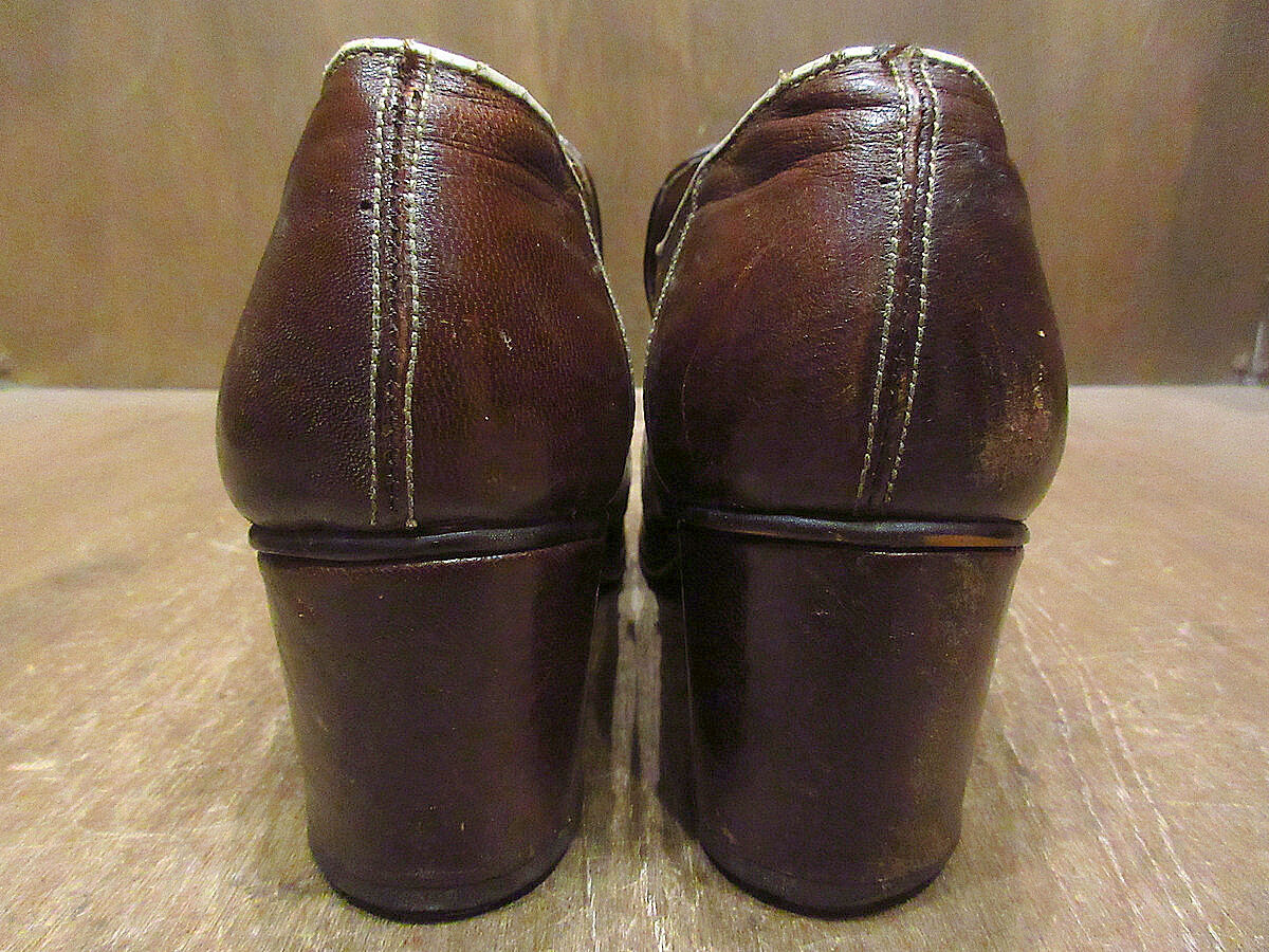 SHOES by Linda O'Keeffe シューズ洋書ビンテージ ビンテージ70's○MADE IN SPAINヒールローファー茶size 9 1/2○2212